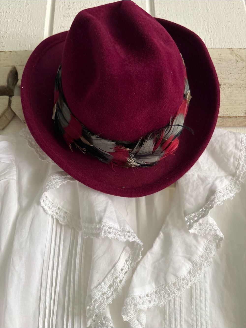 Women's Burgundy Felt Fedora Hat with Feather Band